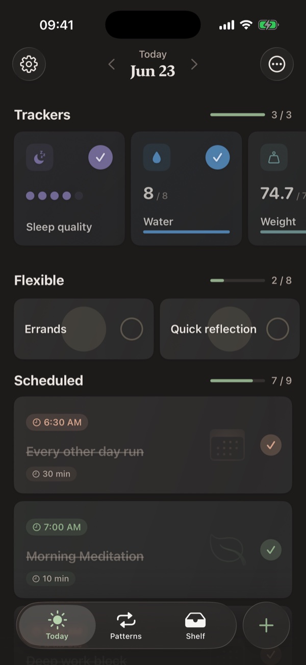 Pattern’s Today screen in the Focused theme